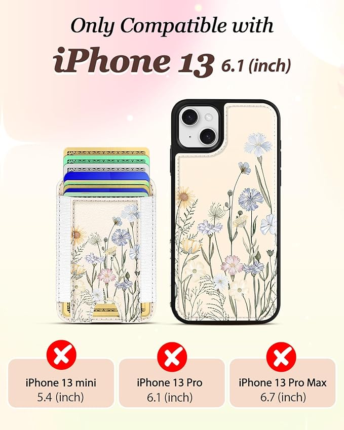 Shorogyt for iPhone 13 Wallet Case - Fits 5 Cards, Compatible with Magsafe Detachable Magnetic Credit Card Holder Leather Cardholder Cute Phone Cover Women Girls for Apple 13, Color Flower