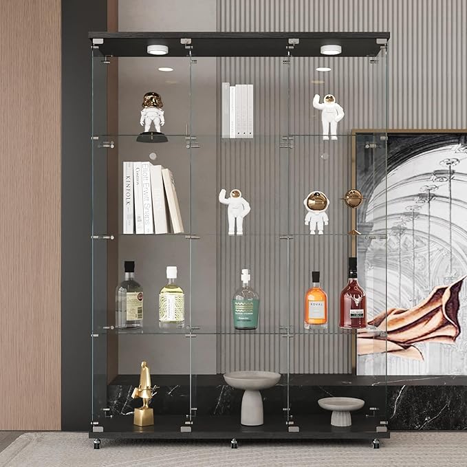 LFT HUIMEI2Y Glass Display Cabinet 12 Shelves with 3 Columns 2 Doors, LED Light and Lock, Extra Large Curio Cabinets Quick-Install Style Tempered Glass Bookshelf for Living Room, Kitchen Black