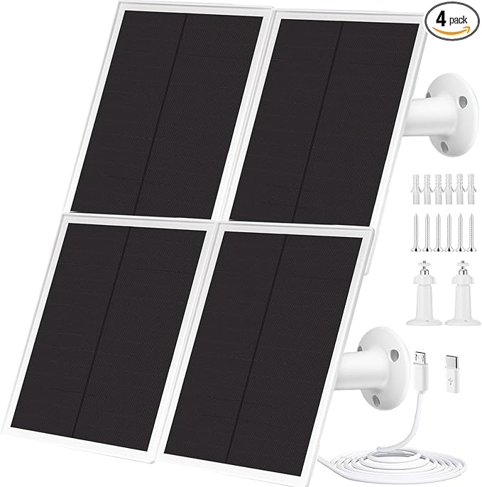 4 Pack Solar Panel for Ring Security Camera, Premium 5V USB Solar Panel Charger IP65 Waterproof, Compatible with Outdoor Rechargeable Battery Powered Cam, 9.8ft USB Cable, 360 Adjustable Bracket