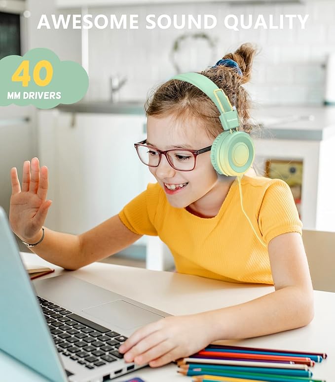 USB Type C Kids Headphone for School, 94dB Safe Volume Limited, Foldable Stereo Sound Tangle-Free Type C Cord, On-Ear Headphones for Boys/Girls/Students/Tablet/Travel(Gradient Green)