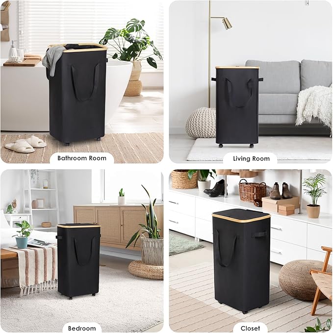 WELTRXE Laundry Hamper on Wheels 110L Large Clothes Basket with Lid and Extended Handles, Foldable Laundry Hamper for Bedroom, Bathroom, Dorm, Laundry Room, Black Rolling Laundry Basket with Wash Bag