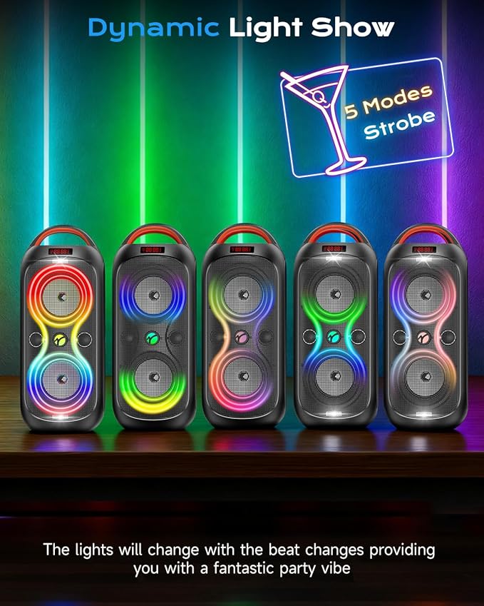 Party Bluetooth Speaker with Dual 4" Woofers, 60W Peak Power, 12H Playtime, Dynamic LED Lights, TWS, FM, AUX, USB, Mic Input, Portable Rechargeable Speaker for Indoor & Outdoor Events -Updated Version