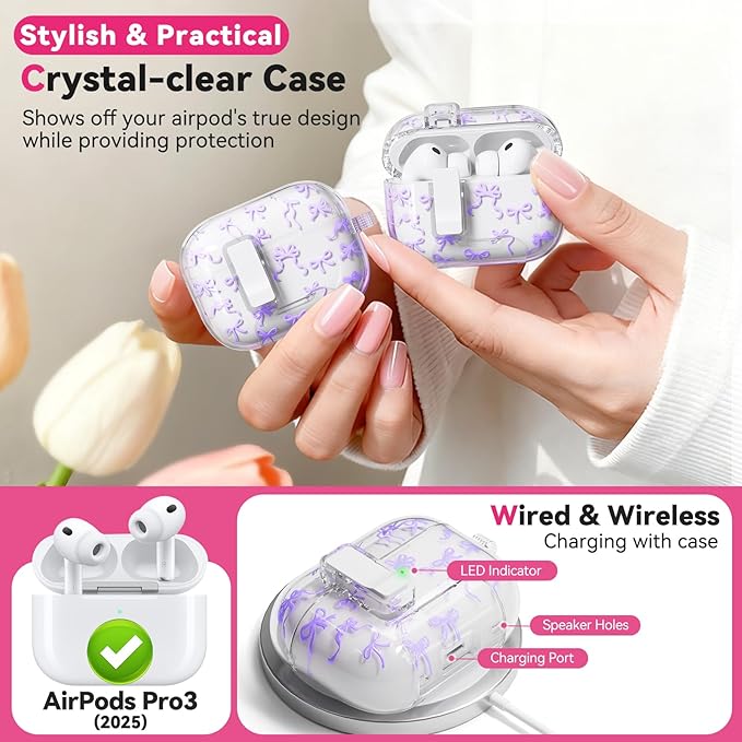 for AirPods Pro 3 Case with Secure Lock & Phone Stand, Bow-Print Clear Case for Apple AirPods Pro 3rd Generation 2025 Cover with Cleaner Keychain for Women Girly (Purple, Airpods Pro 3 (2025))