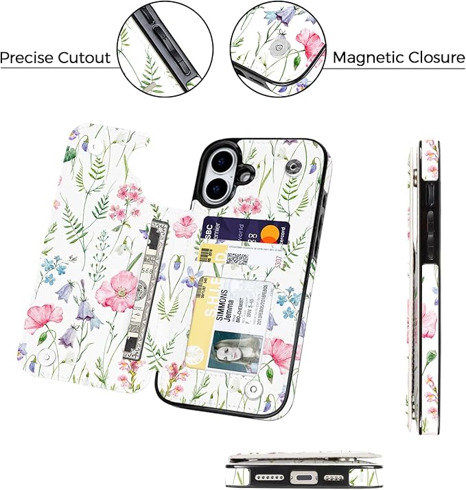 uCOLOR for iPhone 17 Wallet Case with Card Holder PU Leather RFID Blocking Design iPhone 17 flip case for Women Men Magnetic Clasp Kickstand Design 6.3 inch (Pink Flowers)