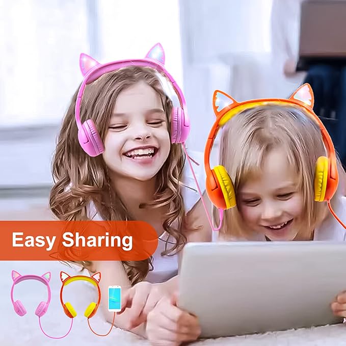 Olyre Kids Headphones, Safe 85db Volume Control Light Up Cat Ear Headphones with Sharing Port for Classroom/Travel/Homeschool, Sparkling Birthday Gifts for Girls & Boys - Orange