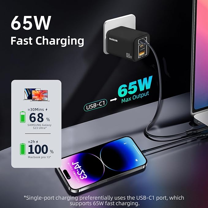 65W USB C Charger,PD3.0 GaN USB C Charger for Travel, Fast Charger for MacBook Pro/Air, iPad, Galaxy S24 Ultra, Dell XPS, iPhone 15 Pro and More (Foldable-Black)