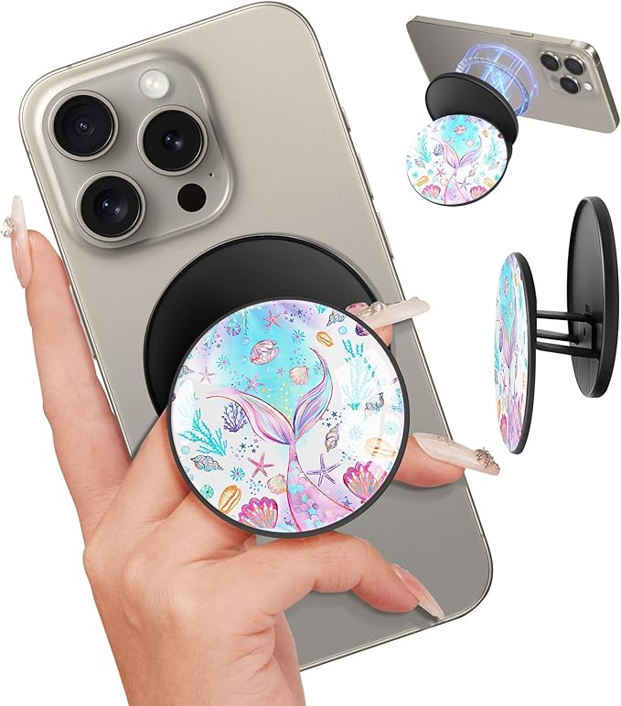 Kidcube Magnetic Phone Grip Compatible with Magsafe - Cell Phone Grip Stand Magnetic Ring Holder Finger Kickstand for iPhone 17 16 15 14 13 12 Series Magnet Removable Accessories Cute Girly Fish Tail