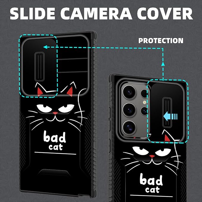 for Galaxy S24 Ultra Case Built in Slide Camera Lens Cover,Heavy Duty Shockproof Protection Dual Layer Case for Samsung Galaxy S24 Ultra 6.8" 2024,Funny Cat