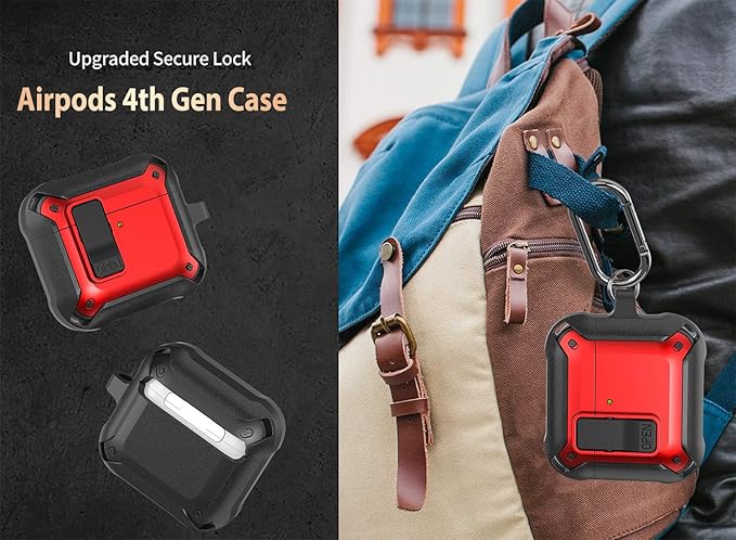 for Airpods 4 Case with Lock Clid, Rugged Apple Airpods 4th Generation Cover 2024 Men Women, Armor Shockproof iPod 4 Gen Protective Hard Shell with Carabiner&Cleaner kit, Black/Red