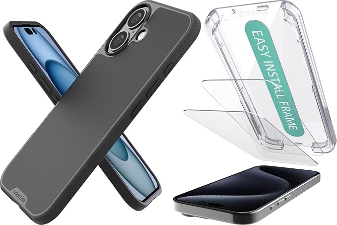 Smartish iPhone 16 MagSafe Case + 2-Pack Tempered Glass Screen Protector Bundle - Gripmunk + Tuff Sheet - Protective Magnetic Case with Crystal Clear Screen Protection - Black
