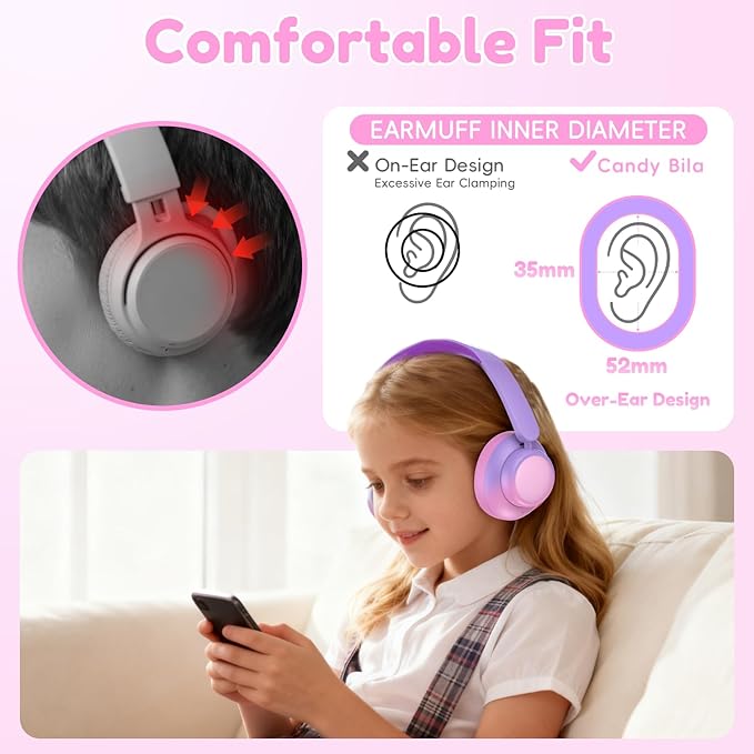 Active Kids Noise Cancelling Headphones, 60H Play Time Kids Bluetooth Headphones, Volume Limited, Bluetooth 6.0, USB C Charging, Headphones for iPad Tablet Airplane,Gradient Pink