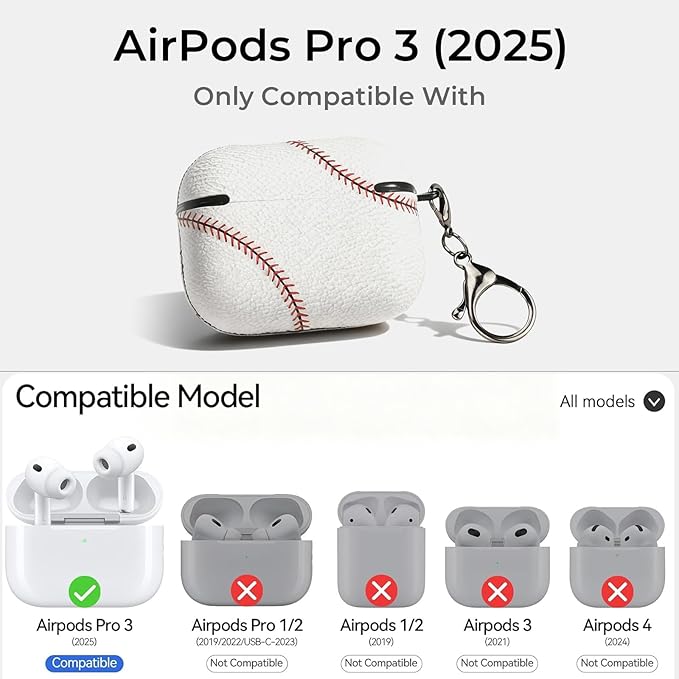 for Leather AirPods Pro 3 Case 2025 (A2700/A2931) - Sport Ball Shape, with Lock, Skin Accessory - Charging Case Cover for Men Women, Baseball