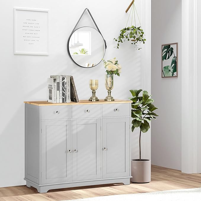 HOMCOM Sideboard with Solid Wood Countertop, Modern Kitchen Storage Cabinet, Coffee Bar Cabinet with 3 Drawers, Doors and Adjustable Shelf, Gray