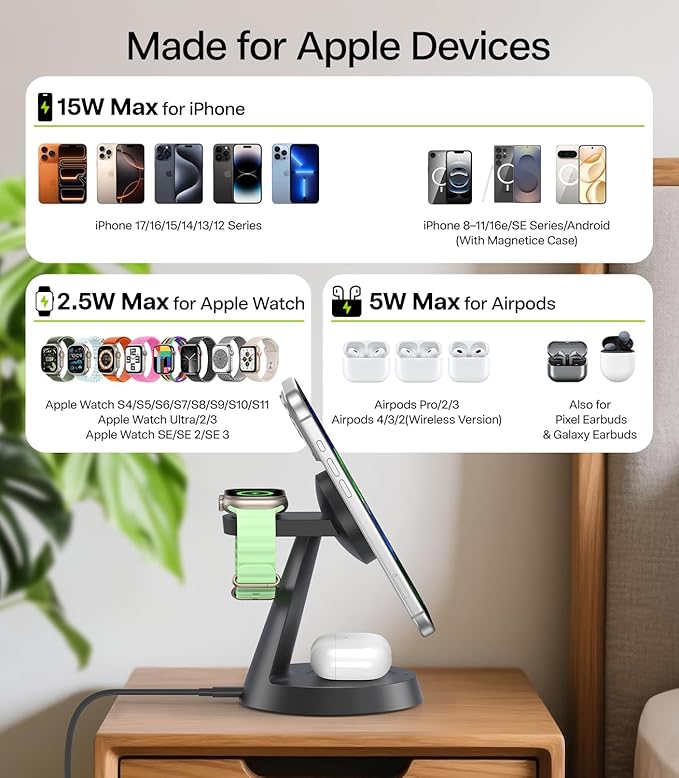 3 in 1 Charging Station for Apple Devices, 15W Fast Qi2 Wireless Charger Stand for iPhone 17 16 15 14 13 12, Watch Charger Stand for Apple Watches & Airpods, Carbon Black