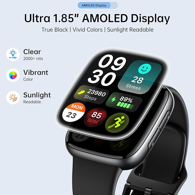 Smart Watches for Women Men, 1.85" HD AMOLED Display, 2 Bands Included, Works with iPhone & Android, 12-Day Battery, 3ATM Waterproof, Bluetooth Call, Health & Fitness Tracker, Black