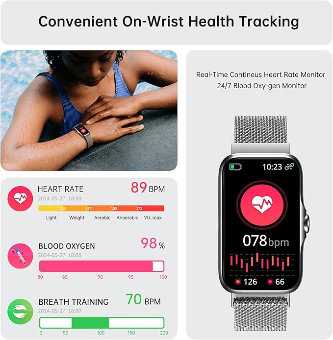 Health Fitness Tracker, Smart Watch with 24/7 Heart Rate and Blood Oxy-gen Monitor, Sleep Tracker with IP68 Waterproof, Activity Tracker Pedometer Step Counter for Women Men (Silver)