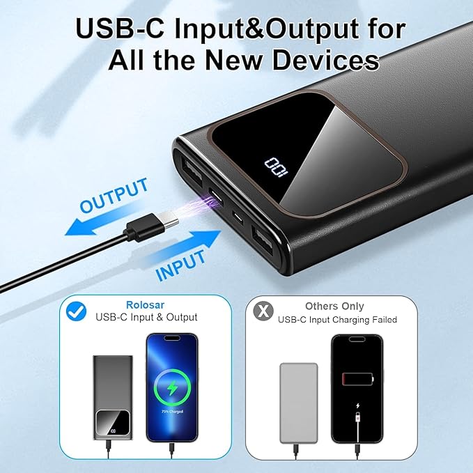 Power Bank, 10000mAh Portable Charger with PD 5A/3W Fast Charging, USB C in&out External Battery Pack, Portable Cell Phone Charger for iPhone 16 15 14 13 /ProMax/Pro/Plus Samsung S23 S22 Android Phone