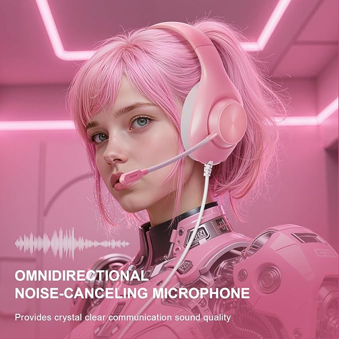 Gaming Headset for PS5 PS4 PC, Wired Headsets with 7.1 Surround Sound, H-7 Gaming Over Ear Headphones with Noise Cancelling Flexible Mic Memory Earmuffs, for PC/PS5/PS4/XboxSeries X/S/Switch (Pink)