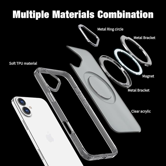 for iPhone 16 Case with Screen Protector & Lens Protector [15 FT Military Drop Protection] Magnetic Kickstand Compatible with MagSafe Slim Translucent Case (Titanium Grey)