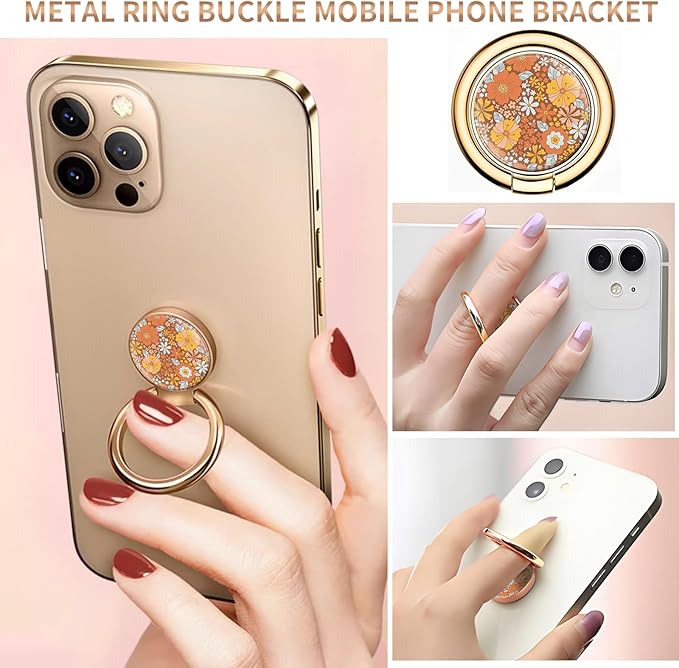Cell Phone Ring Holder, Cute Metal Phone Grip Stand Finger Ring Kickstand, Flexible 360°Rotation Phone Tablet Case Accessories Compatible with Most Phones Cute Orange Flowers