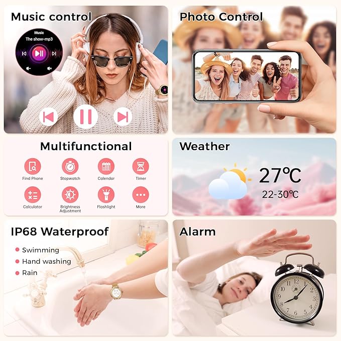 Smart Watch for Women, AMOLED HD Display Fitness Tracker Bluetooth Make/Answer Call, 1.19" Watches with 110+ Sports Modes/Heart Rate/SpO2/Sleep Monitor, Smartwatch IP68 Waterproof for Android iOS
