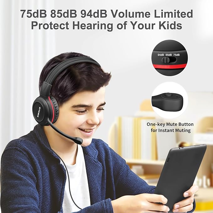 SIMOLIO Headphones Wired Kids with Boom Microphone for School & Meeting & Gaming, 3 Levels Hearing Protection Headphones for Boys, Girls, Children, Teens, Foldable Durable Stereo Headsets for iPad, PC