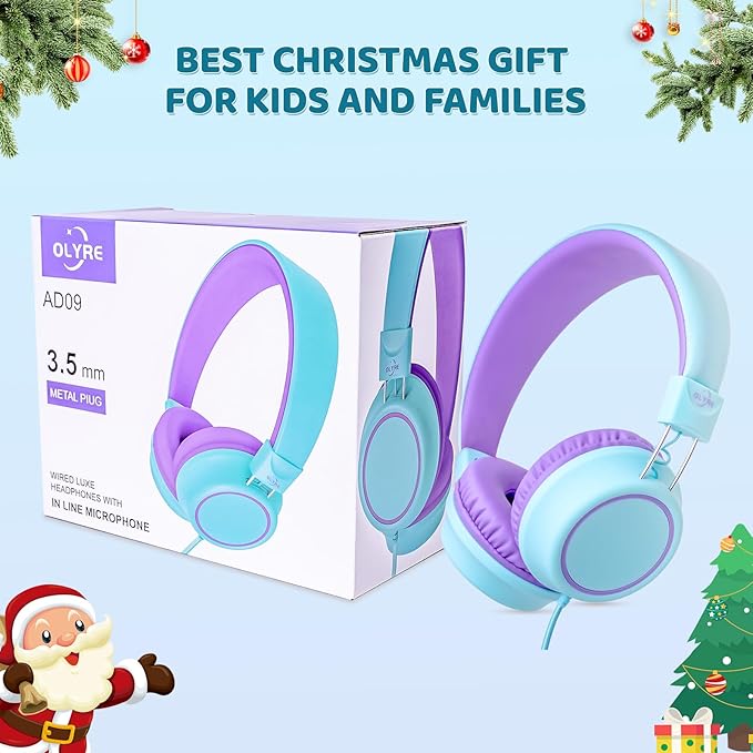 Olyre Kids Headphones, Toddler Headphones with Cord for School Plane Travel, Lightweight Stereo Wired Children Earphones with HD Microphone for Boys Girls for PC Cellphone Tablet(Icy Mint Blue/Purple)