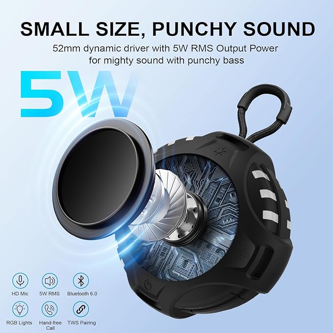 Wireless Bluetooth Speaker, Blue Tooth Portable Speaker with IPX6 Waterproof, 2500mAh Battery, TWS Pairing, RGB Light, Built in Mic, Support TF Card, USB, Unisex Gifts for Bathroom Party Home - Black