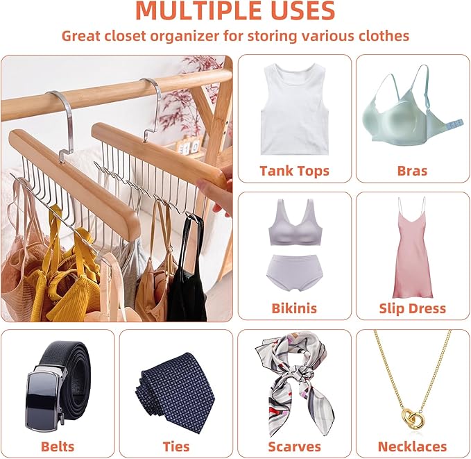 2 Pcs Tank Top Hanger,Tie Racks for Closet, Wooden Hangers with 8 Hooks Space Saving, Closet Organizers and Storage for Bras Camis Belts Ties