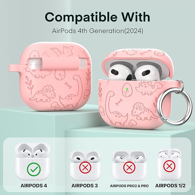 Maxjoy for AirPods 4 Case, Engraved Silicone Cute AirPod 4 Case for Women Men Protective iPod 4 Cover with Keychain Cleaning Kit for AirPod 4th Generation Cover 2024, Dinosaur Pink