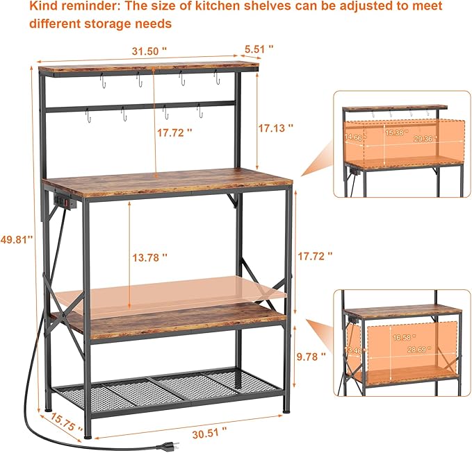 Bakers Racks for Kitchens with Power Outlets, Microwave Stand with 31.5 x 15.7 Inch Larger Desktop, Coffee Bar with Adjustable Middle Shelf, 8 S-Shaped Hooks, Rustic Brown