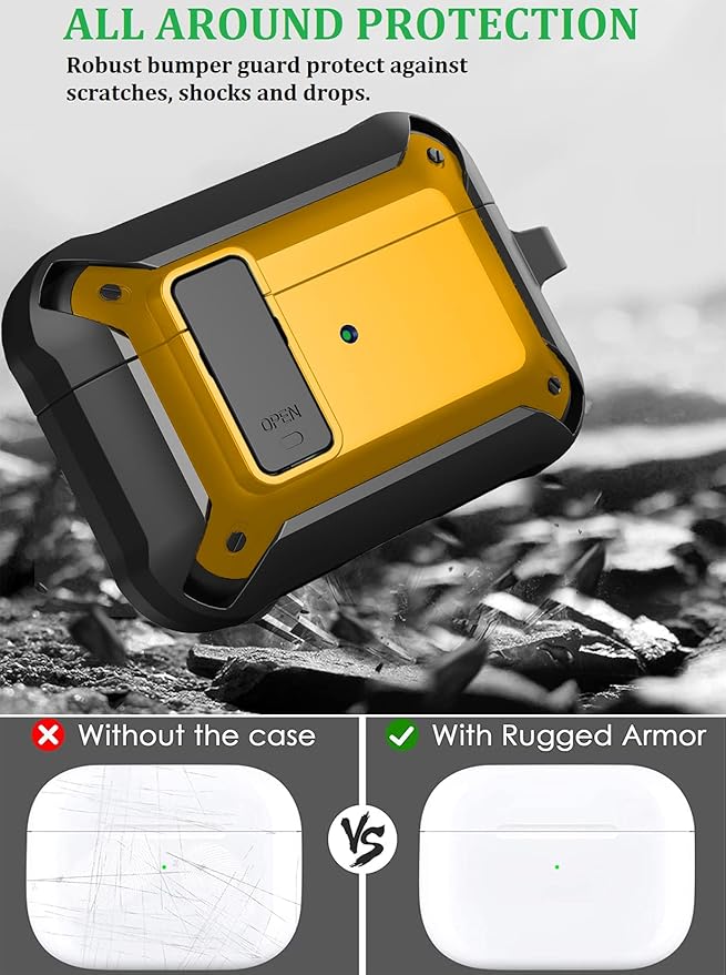 for Airpods Pro 2/1 Gen Case Cover with Lock (2019/2022/2023), Rugged Locking Case for Airpod Pro 2nd/1st Generation Shockproof Armor Protective Skin for Apple iPod Pro - Black/Yellow