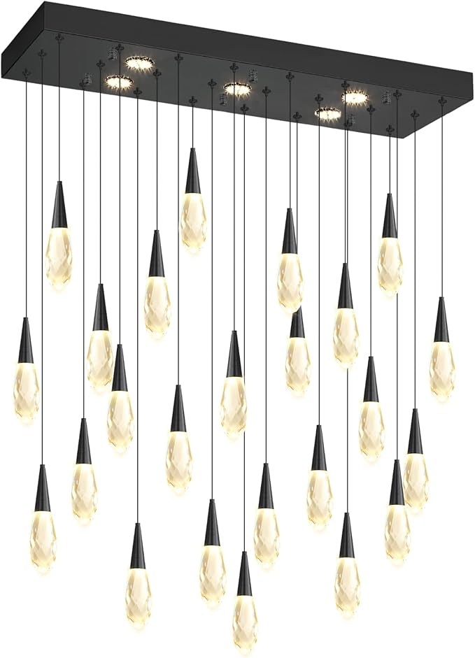 Rectangular Chandelier 24-Lights LED Dimmable Raindrop Chandeliers for High Ceiling Large Chandelier Light Fixture Black High Ceiling Pendant Lights for Villa Living Room Staircase