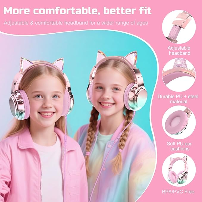 QearFun Kids Cat Ear Headphones Wired with Mic, 85/94dB Safe Volume Limit, Sparkly Wired Headset, Foldable, Sharing Port & Tangle-Free Cord for School, Chromebook, Tablet, Travel, Boys & Girls