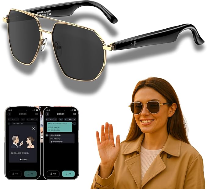 AI Translator Aviator Smart Glasses—Hands-Free Voice Translation in 164 Languages,Bluetooth Audio&Voice Assistant,UV400 Classic Sunglasses,IP67 Waterproof Smart Eyewear for Travel