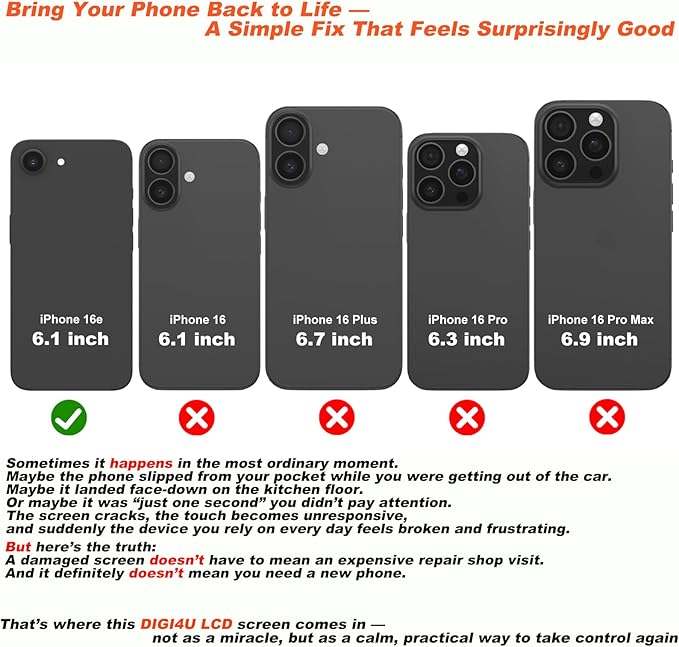 DIGI4U LCD for iPhone 16e Screen Replacement, 6.1''[3D Touch][Small Notch] Screen for iPhone 16e Display Digitizer Assembly, with Repair Tools for iPhone 16e LCD