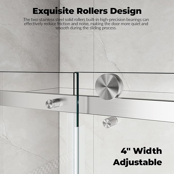 Glass Shower Door 56–60 Inch W x 76 Inch H, Frameless Sliding Shower Enclosure with Fixed Panel, 8mm Coated Tempered Safety Glass, Square Stainless Steel Rail, Brushed Nickel
