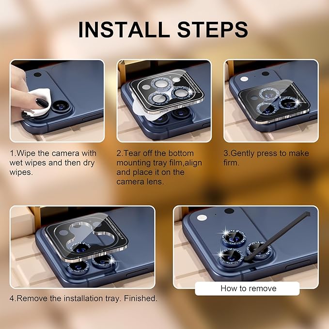 Misea Compatible for iPhone 17 Pro/iPhone 17 Pro Max Camera Lens Protector Bling, 9H Tempered Glass Camera Cover Screen Protector Metal Individual Ring Decoration Accessories, Blue Glitter