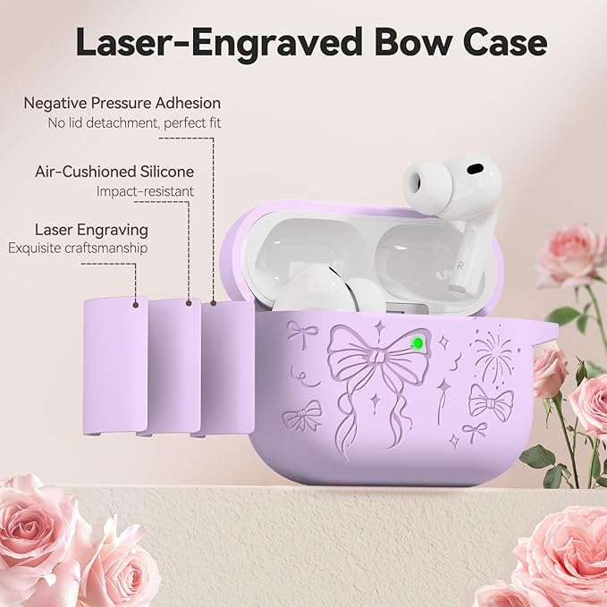 for Airpods Pro 3 Case Cover, Joremx Cute Bow Engraved Silicone Protective Case Cover with Keychain, Cleaner Kit for Airpods Pro 3rd Generation (2025) (Light Purple)