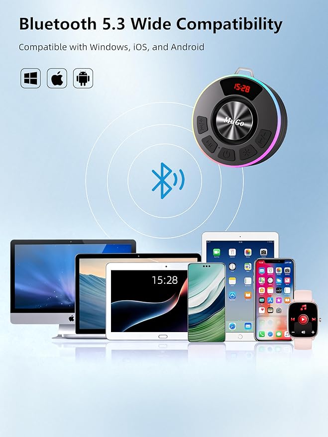 MuGo Bluetooth Shower Speaker, 360° HD Stereo Sound, IPX7 Waterproof Wireless Speaker Bluetooth 5.3 with RGB Lights, Suction Cup and Microphone, Small Shower Radio for Home/Party/Outdoor/Gifts