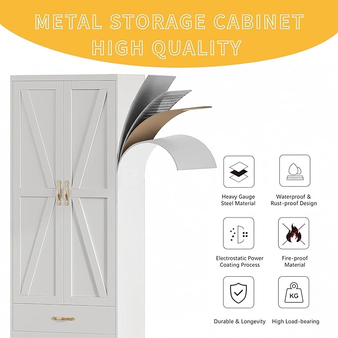 DWVO 62" Pantry Cabinet with Doors and Shelves, Metal Kitchen Storage Cabinet with Magnetic Door & Adjustable Shelves, Farmhouse Tall Cabinet for Dining Room, Kitchen, White