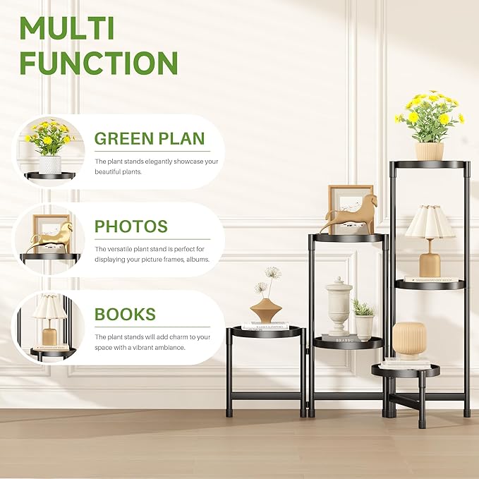 Plant Stand Indoor Outdoor with Metal Tray 6 Tiered Corner Plant Holders for Folding Plants Flower Pot Holder Display Stand for Living Room Balcony Garden-Black