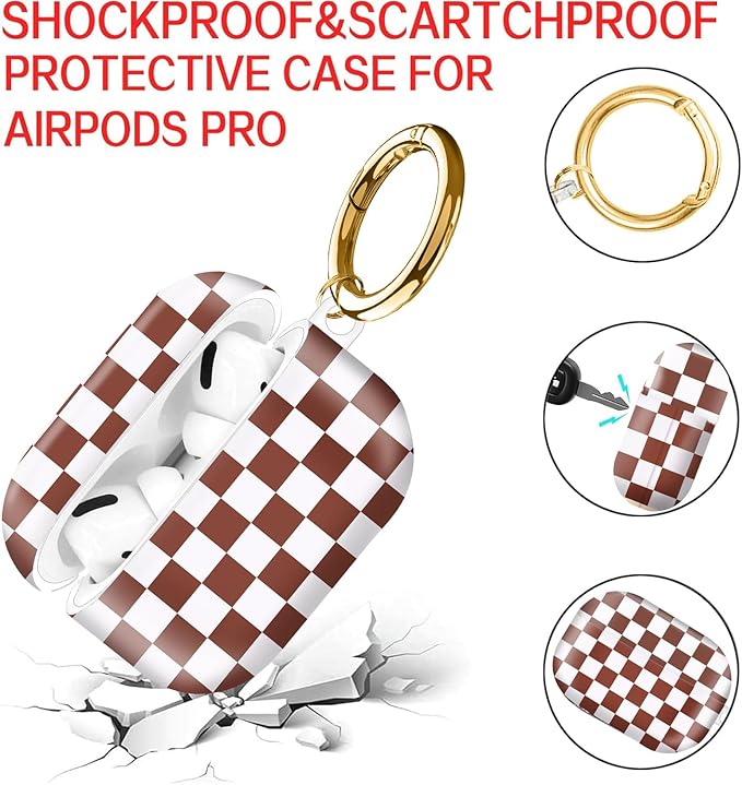 Compatible with AirPod Pro Case 2nd/1st Gen (2023/2022/2019),Shockproof Protective Cover with Keychain for Women,Cute Charging Case for Airpod Pro 2/1(White Brown Chessboard)