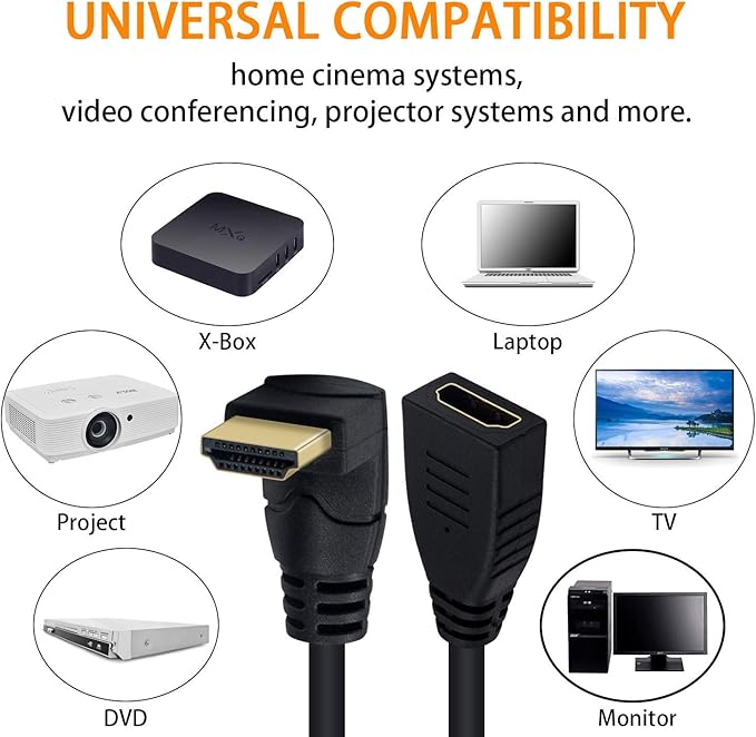 Poyiccot 8K HDMI Extension Cable, Short HDMI 90 Degree Male to Female HDMI 2.1 Cable 48Gbps with 8K 60Hz Video and 3D HDR for TV/Xbox /PS4 /PS5 (Up Angle), 0.5feet