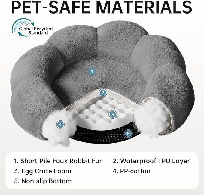 OhGeni 31 inches Calming Donut Orthopedic Dog & Cat Bed for Medium Pets, Warming Comfort Fluffy Short Pile Fur, Durable Waterproof Machine Washable Removable Cover, Round Bed for Puppy, Dark Gray
