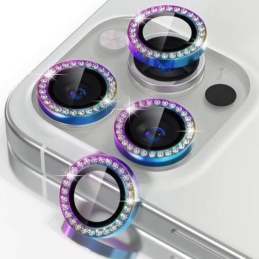 Misea Compatible for iPhone 16 Pro/iPhone 16 Pro Max Camera Lens Protector Bling, 9H Tempered Glass Camera Cover Screen Protector Metal Individual Ring Protector Accessories, Colorful Diamond