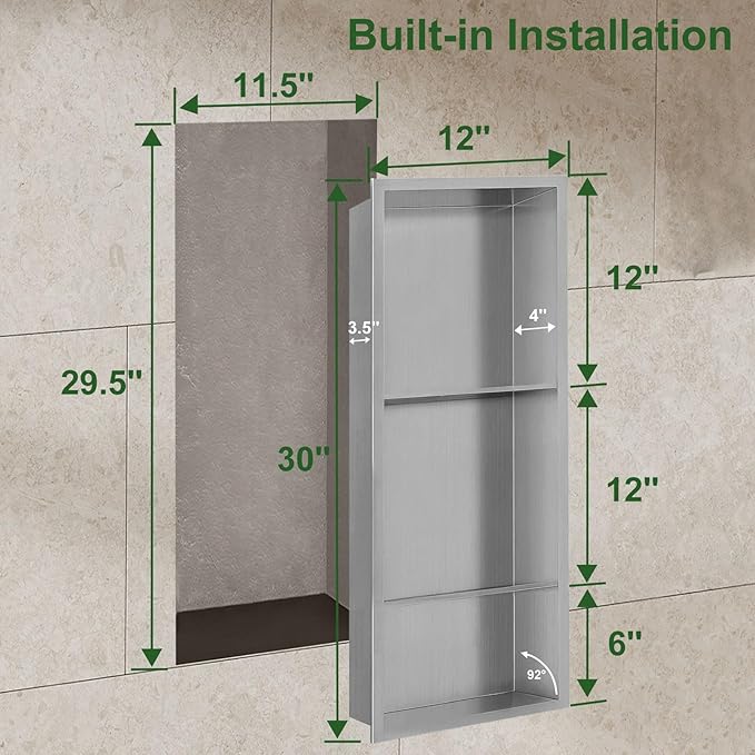 Shower Niche, Stainless Steel Elegant Bathroom Niche, No Tile Needed Recessed Shower Shelf Organizer for Storage