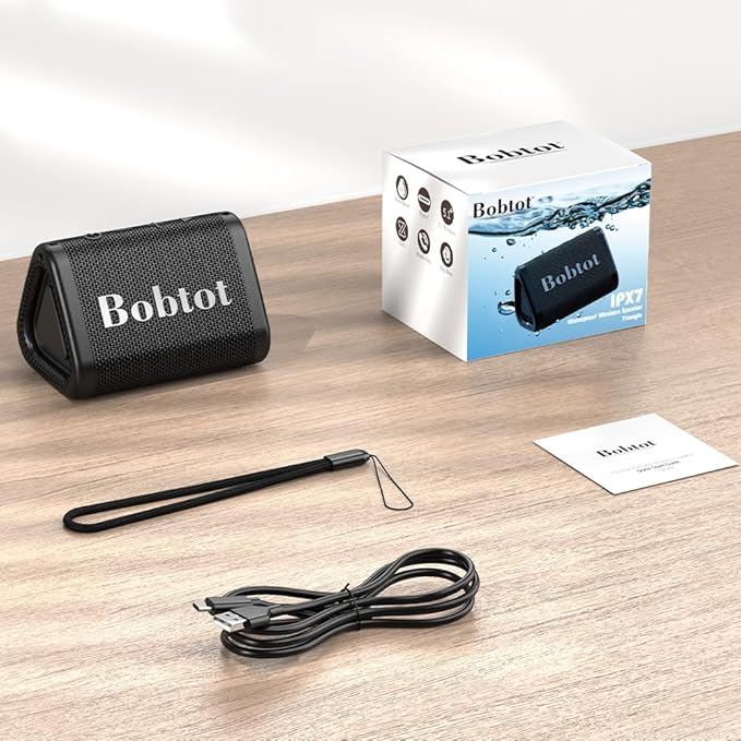 Bobtot Portable Bluetooth Speaker Wireless, IPX7 Small Shower Speaker Waterproof, 15H Playing Time, Loud and Stereo Sound with Bass, TWS Pairing for Party, Camping, Travel, Black