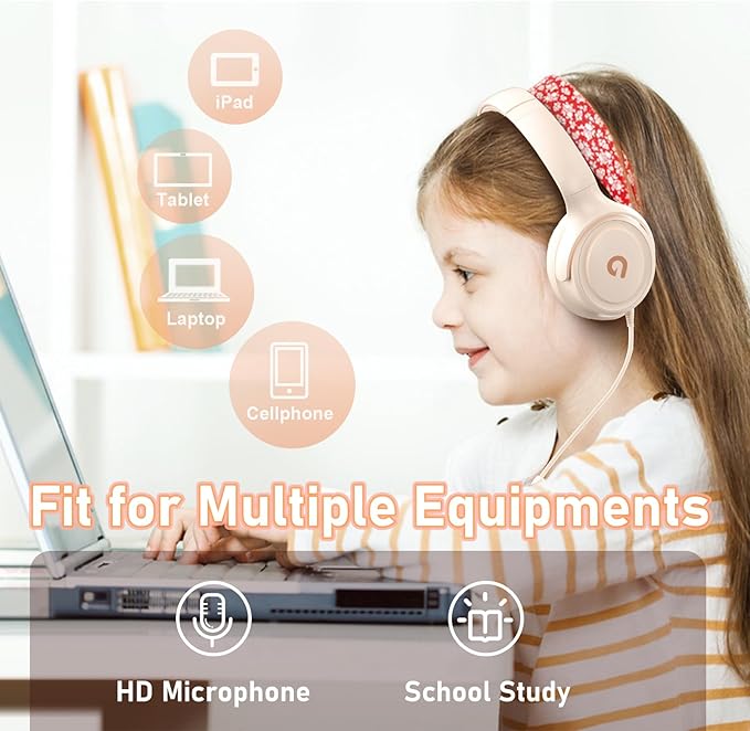 Kids Headphones with Cord-3.5mm Jack 85/94dB Safe Volume Control Built-in Microphone On-Ear Headphones for Kids/Teens/Girls/School/Travel/3.5mm Devices(Beige)