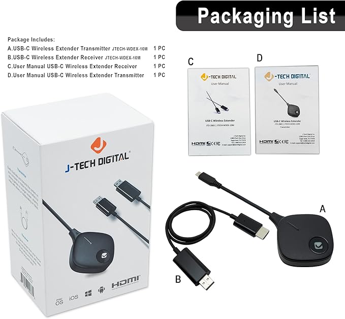 USB-C to HDMI Wireless Extender Kit, USB-C Transmitter HDMI Receiver 10M/30Ft. for Laptop, Phone | Supports Airplay, SmartView, Screen Mirror, Miracast by J-Tech Digital [JTECH-WDEX-10M]